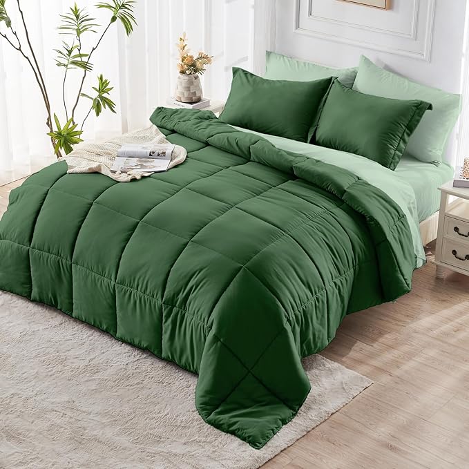 JOLLYVOGUE California King Comforter Set, Ultra-Soft Bed in a Bag 7 Pieces, Oeko-TEX Certified Bedding Set with Down Alternative Comforter, Sheets, Pillowcases & Shams, Dark Green & Light Green
