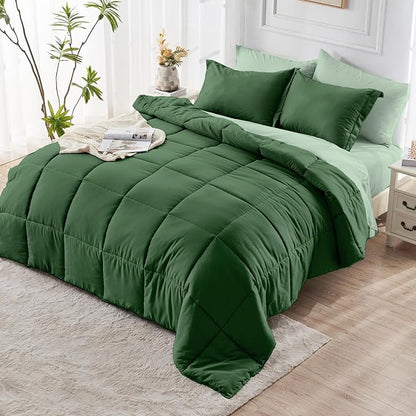 JOLLYVOGUE California King Comforter Set, Ultra-Soft Bed in a Bag 7 Pieces, Oeko-TEX Certified Bedding Set with Down Alternative Comforter, Sheets, Pillowcases & Shams, Dark Green & Light Green