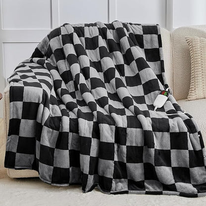 Heated Electric Blanket Twin Size, 62X84 Heating Blanket with 10 Heat Level & 8 Hours Auto Off, Black Gray Checkered Plaid Soft Fleece Sherpa Blankets Warmer Gifts for Couch Grandma Women Adults