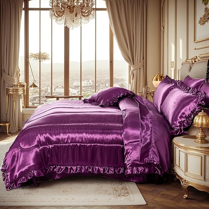 Silk Like Satin Comforter Set with Sheet Set King 8 Pcs Purple Satin Bedding Set Silky Ruffle Pattern Home Deocr Luxury Hotel Silky Bed in a Bag with 1 Cushion Cover