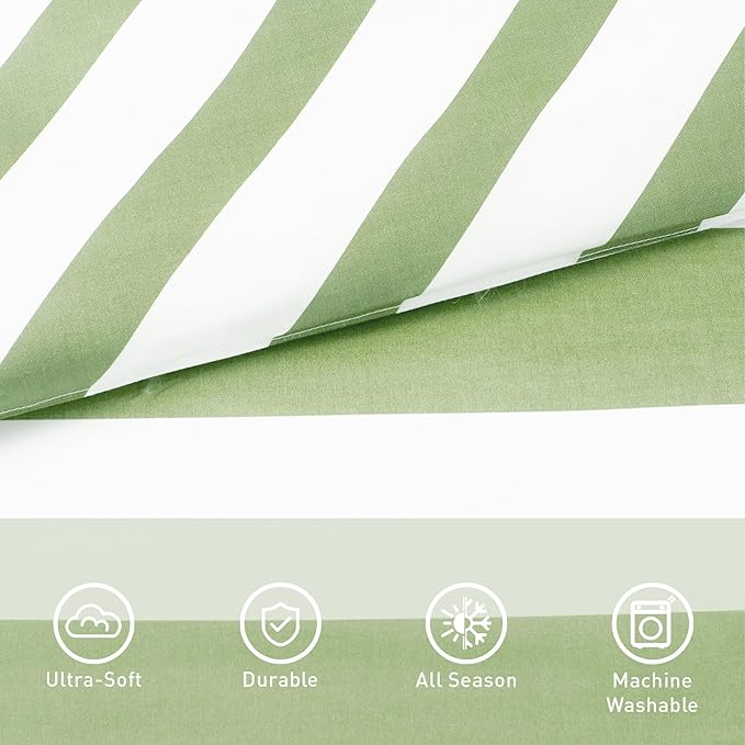 Reversible Striped Queen Comforter Set, Soft Microfiber Bedding Set with Double-sided Stripes Design, Warm & Cozy for All-Seasons, 3-Piece Comforter and Shams Set Queen Size, Sage Green