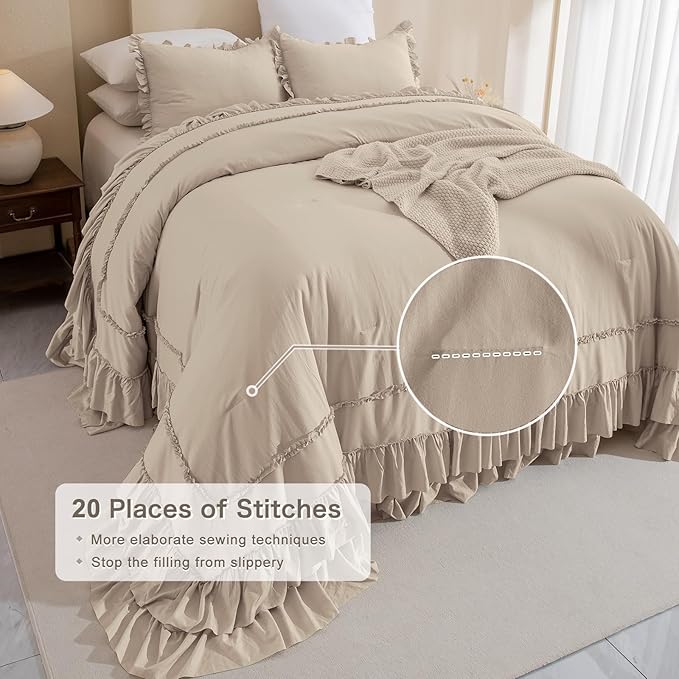Masaca Oversized King Comforter 128x120,Farmhouse Shabby Boho Chic Ruffled Bedding Comforter Set,Extra Large King Size Ruffle Comforter Sets Vintage French Country Bedding Set Ultra Soft