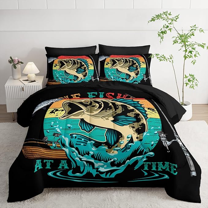 Big Pike Fish Comforter Set Twin Size 7 PCS,Bass Fishing Comforter Set for Boys Girls Children Fishing and Hunting Room Decor,Microfiber Lightweight All Season