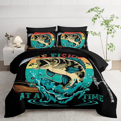 Big Pike Fish Comforter Set Twin Size 7 PCS,Bass Fishing Comforter Set for Boys Girls Children Fishing and Hunting Room Decor,Microfiber Lightweight All Season