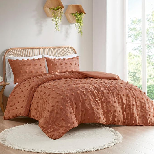 Intelligent Design King Comforter Set, Clipped Jacquard Comforter Set Chic Pompoms Accent, All Seasons Lightweight & Fluffy Comforter Bed Set with 2 Shams, Lucy, King/Cal King Rust 3 Piece