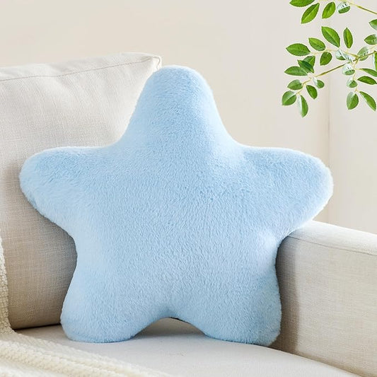 Star Pillow 15.7" Blue Star Shaped Decorative Throw Pillow for Couch Bed Aesthetic Plush Floor Seating Cushions with Soft Faux Rabbit Fur for Sofa Bedroom Living Room