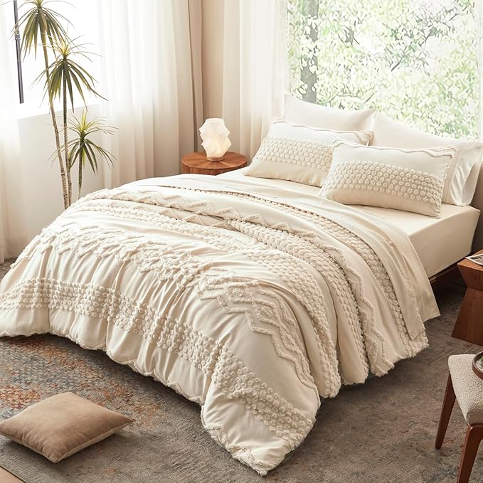 Luxudecor Beige Tufted Comforter Set Full Size 3 Pieces Boho Shabby Chic Comforter Farmhouse Embroidery Bedding Set Soft Comforter for All Seasons (Beige, 80''x90'')