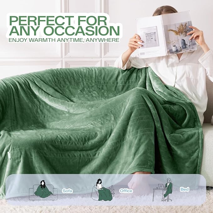 Electric Blanket Heated Twin Size-62" x 84" Heated Blanket with 8 Heat Levels & 10 Hours Auto Off, Fast Heating Flannel Blankets Machine Washable with ETL & FCC Certified, Green