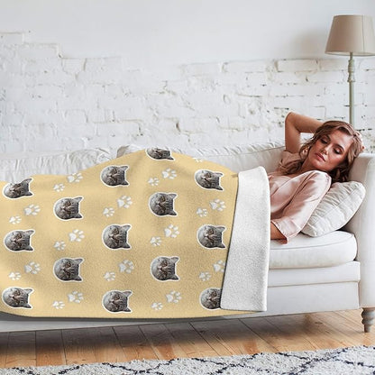 Custom Blanket with Funny Cat Face Personalized Soft Warm Fleece Throw Blankets with Paw Bones Customized Throws for Couch Bed Sofa Unique Gifts for Cat Dad Mom Pet Lovers