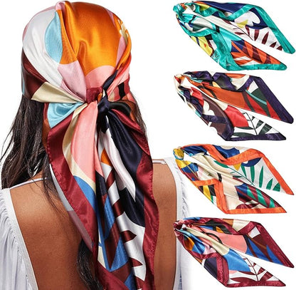 AWAYTR 35” Satin Large Square Head Scarves - 4PCS Silk Like Neck Scarf Hair Sleeping Wraps Satin Silk Scarfs for Women