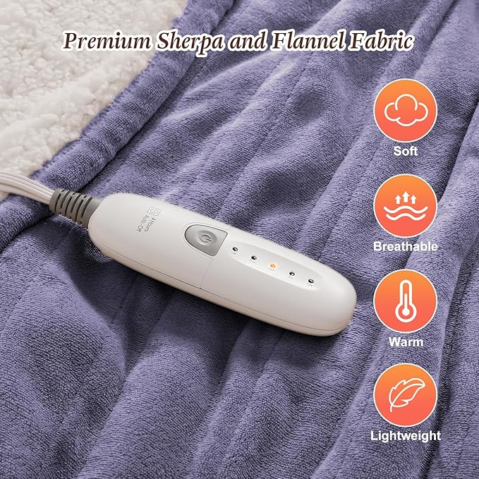 Electric Blanket Full Size Heated Blanket 72X84in, Flannel and Fluffy Sherpa Heating Blanket for Sofa, Fast Heating and Over-Heat Protection Warming Blanket, Great Gift for Grandma (Lavender Purple)