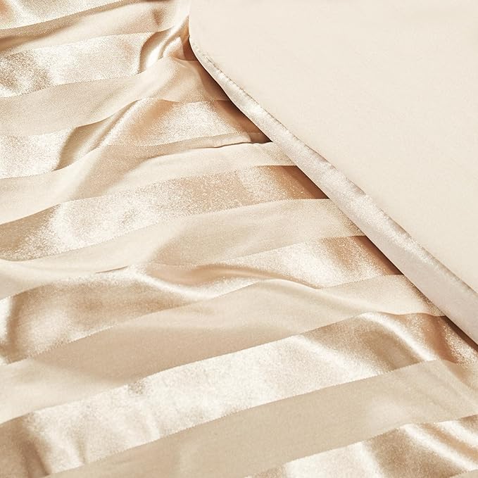 Whale Flotilla 2-Piece Reversible Silky Soft Twin Size Comforter Set, Luxury Stripe Satin Comforter Bedding Set with Satin Pillowcase, Lightweight Duvet for All Seasons, Champagne