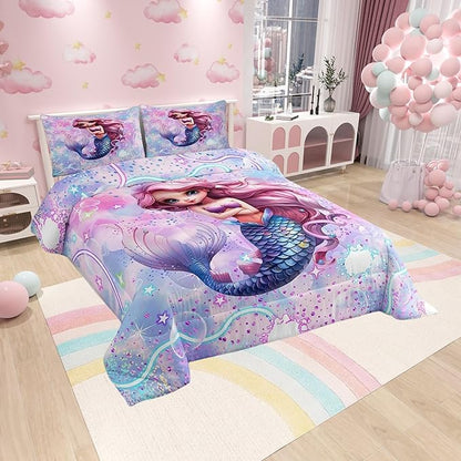 Cute Mermaid Reversible King Size Comforter Set,Lovely Pink Mermaid Decor All Season Bedding Set,Teens Rainbow Stars Galaxy Comforter,Dreamy Love Decor Quilt Set Bedroom Collection 3Pcs,Colorful