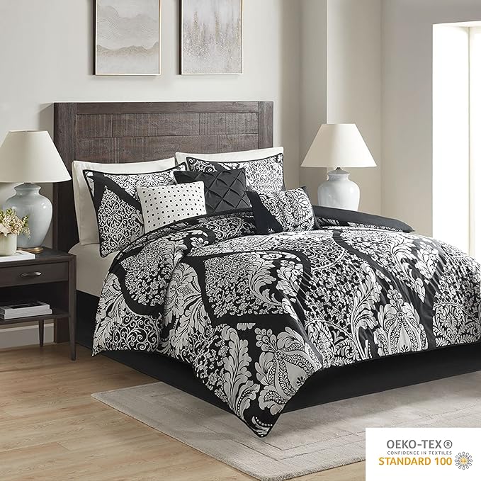 Madison Park Vienna Sateen Cotton Comforter Set, Breathable, Soft Cover, Trendy, All Season Down Alternative Cozy Bedding with Matching Shams, Queen, Black 7 Piece