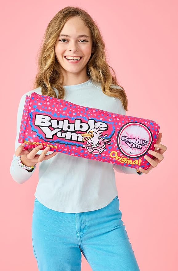 iscream Bubble Yum Package 17" x 6" Pillow Set with Three Bubblegum Pieces in Plush Wrappers