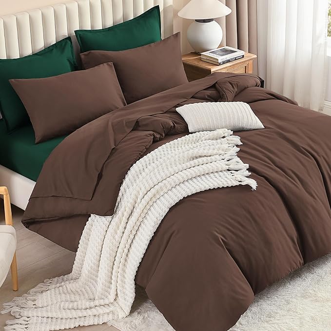 Litanika King Comforter Sets Brown Emerald Green- 7 Pieces Bed in a Bag Beddding Sets, Solid Lightweight Bed Set with Comforter, Sheets, Pillowcases & Shams
