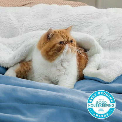 Bedsure GentleSoft Sherpa Fleece Throw Blanket Twin Size for Couch - Thick and Warm Throw for Women and Men, Soft Fuzzy Plush Twin Blanket for Winter, Non-Heated, Washed Blue, 60x80 Inches
