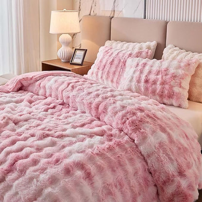 Twin Faux Rabbit Fur Comforter Set - 3 Pieces Fluffy Bedding Set Ultra Soft Warm Shaggy Plush Winter Flannel Bedding Set for Girls Women, Skin Friendly Sherpa Comforter Bed Set & 2 Pillow Shams Pink