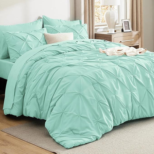 Bedsure California King Comforter Set - Bed in a Bag Cal King Bedding Set 7 PCS, GentleSoft™ Pintuck Bed Set Gift for Family, Pinch Pleat Mint Green Comforter with Sheets, Pillowcases & Shams