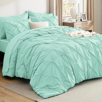 Bedsure Twin Comforter Set Mint Green - Bed in a Bag Twin Size Bedding 5 Pieces, GentleSoft™ Pintuck Bed Set Gift for Family, Pinch Pleat Mint Green Comforter with Sheets, Pillowcase & Sham