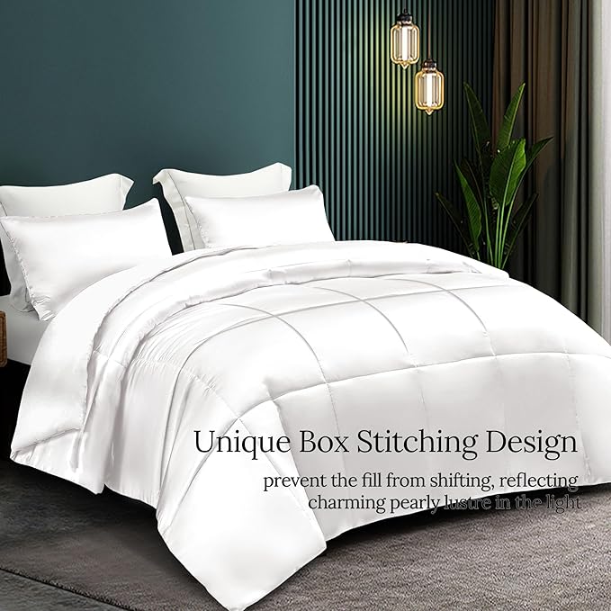 Whale Flotilla 3-Piece Reversible Silky Soft Queen Comforter Bedding Set, Luxurious Satin Comforters Full Size with 2 Satin Pillowcases, Lightweight Duvet for All Seasons, White