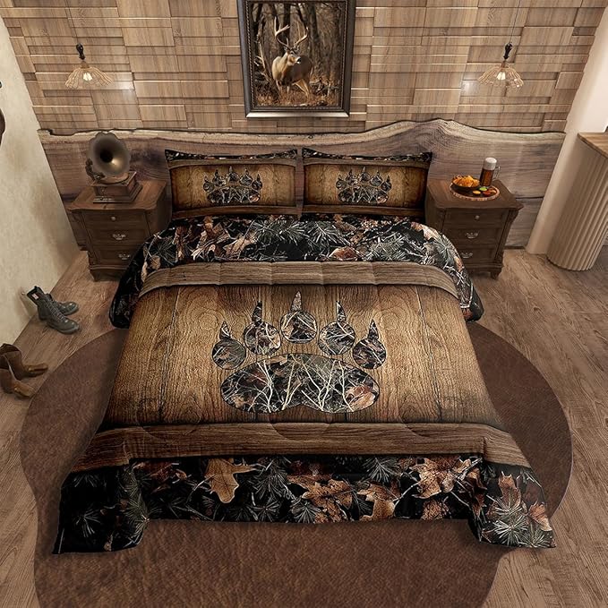 Erosebridal Camo Bear Paw Bedding Comforter Sets Hunting Woodland Wildlife Bedding Set Toddler,Camouflage Rustic Cabin Comforter Set for Kids Farmhouse Woodland Board Animal Quilt Set Country Decor