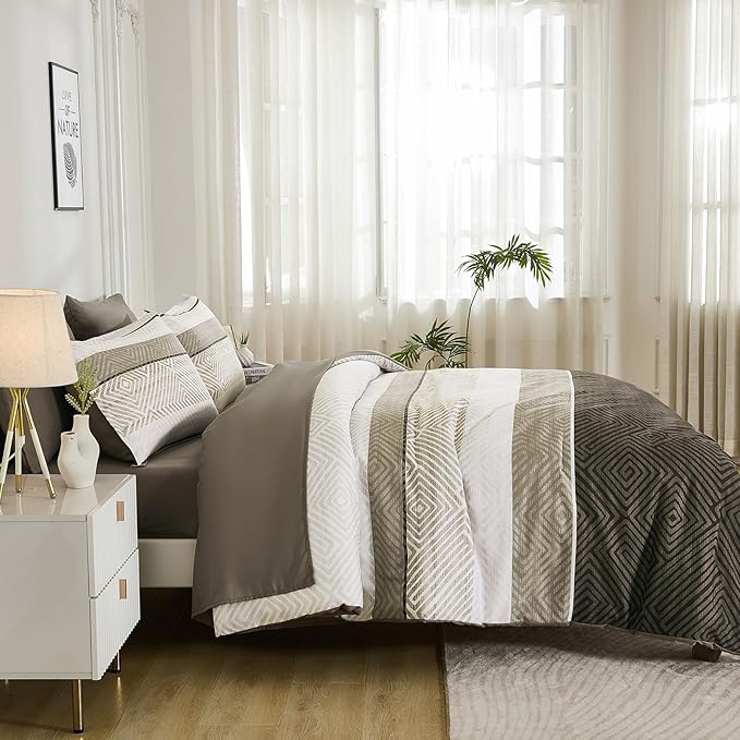 Drucon Brown Comforter Set Full Size 7 Piece Bed in a Bag, Boho Striped Bedding Set, Soft Microfiber Comforter and Sheet Set for All Season