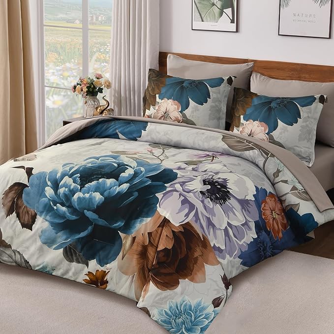 WONGS BEDDING Floral Comforter Set King Size, 7 Pieces Bed in a Bag Bedding Set, Grey and Blue Flower Comforter Soft Microfiber for All Season with Pillowcases & Shams,Sheets(90"×90")