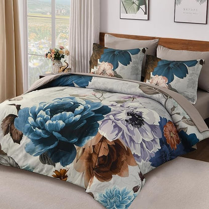 WONGS BEDDING Floral Comforter Set Queen Size, 7 Pieces Bed in a Bag Bedding Set, Grey and Blue Flower Comforter Soft Microfiber for All Season with Pillowcases & Shams,Sheets(90"×90")