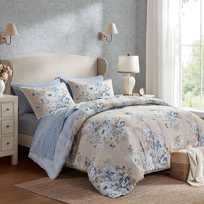 Madison Park Essentials Floral Comforter Set King Size, Vintage Flower Bedding Set with Sheet Set, 7 Pieces Bed in a Bag with Reversible Botanical Comforter, Pillowcases & Shams, Heather, Beige/Blue