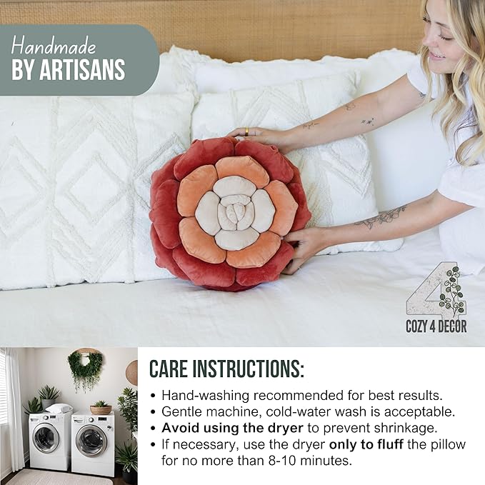 Throw Pillow in Monochromatic Colors - Flower Shaped Pillow – Soft Plush Floral Throw Pillow for Bed, Couch, Sofa & Kids Room | Cute Fluffy Bloom Cushion for Aesthetic Room Decor (Terracota)