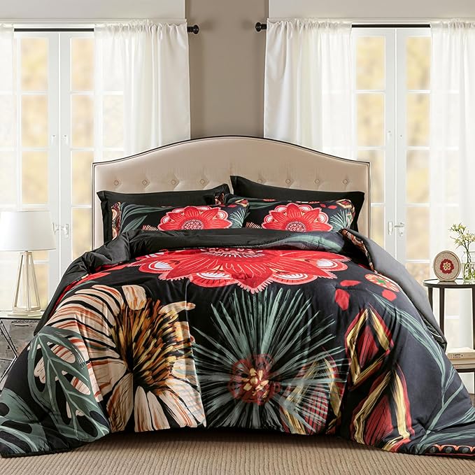 Black Red Boho Floral Queen Comforter Set - 3 Piece Farmhouse Botanical Bedding Comforter Sets for All Season Soft Lightweight Mid Century Bed Set, (1 Reversible Comforter and 2 Pillow Shams