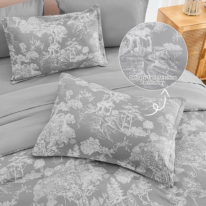 DJY Grey Comforter Set Queen, 7 Pieces Grey Botanical Comforters Queen Size Elegant Plants Print with Sheets Bed in a Bag Soft Microfiber Reversible Complete Bedding Sets for All Season