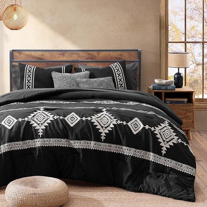 MaiRêve Embroidery Queen Size Comforter Set Black, Boho Farmhouse Western Bedding Set 7 Pieces, All Season Bed in A Bag Comforter Set with Sheets, Pillowcases & Shams