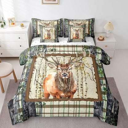 Erosebridal Elk Deer Bed in a Bag King Size Comforter Set 7 Pieces,Woodland Animals Bedding Sets Buffalo Plaid Sheet Set with Comforter