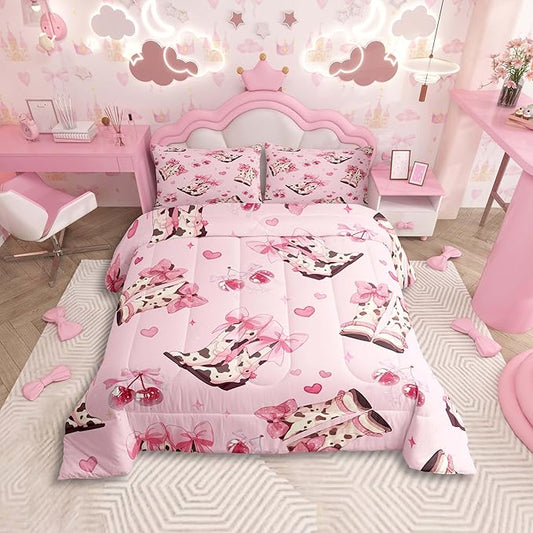 Feelyou Pink Western Decor Bedding Set Queen Size Cowboy Cowgirl Hats Comforter Set for Kids Boys Girls Decor Cute Bowknot Dreamy Princess Style Comforter Rodeo Cowboy Style Duvet Set