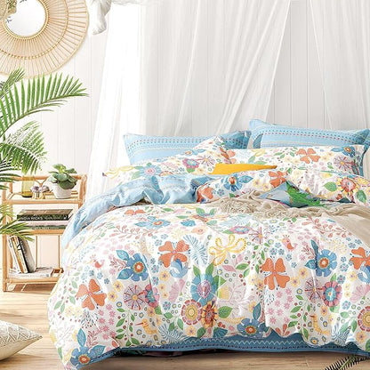 Blue Floral Cotton Comforter King Size - Vibrant Artistic Blooms & Boho Geometric Patterns, White & Soft Blue, 3PC Lightweight Bedding Sets with Down Alternative Fill(104"×90")