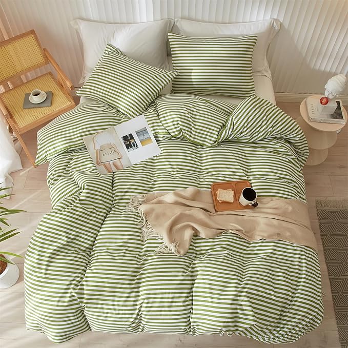 mixinni Striped Comforter Set Twin XL Size - Green White Stripes Pattern Bed Set for All Season, 3 Pieces Lightweight Bedding Comforter Sets for All Seasons (1 Soft Fluffy Comforter + 2 Pillowcases)