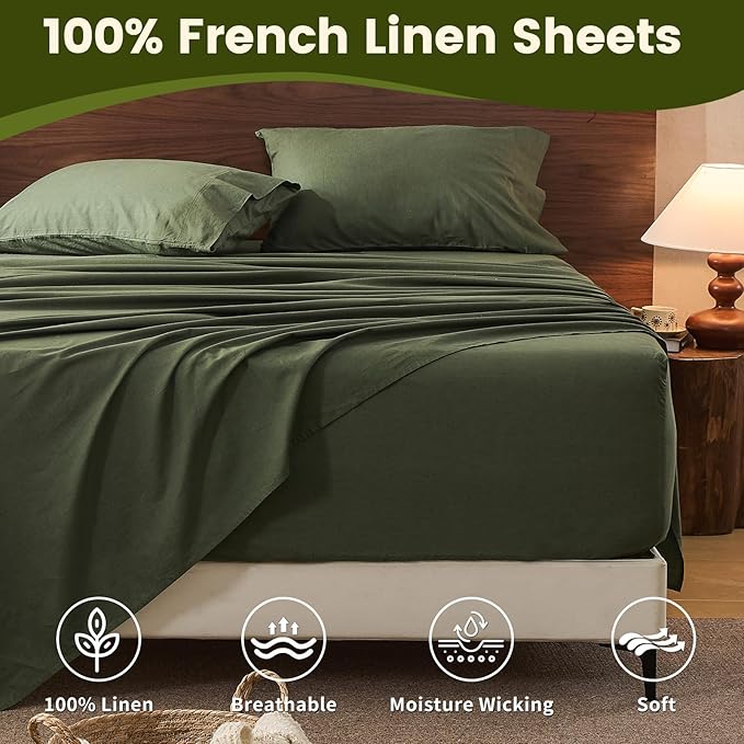 100% Linen Sheet Set Queen Size Extra Deep Pocket Fits 18-24 Inch Mattress, Breathable & Soft, Smooth 4-Piece Set for Thick Mattresses Hotel Luxury Bedding（Queen, Forest Green）