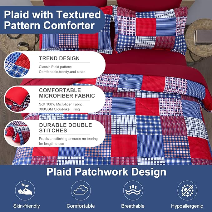 Comforter Set King Size Plaid Patchwork Comforter Bedding-7 Piece Bed in a Bag,Soft Reversible Microfiber Bedding Set(1 Comforter,1 Flat Sheet,1 Fitted Sheet,2 Pillowcases,2 Pillow Shams)Red Blue