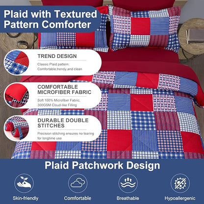 Comforter Set King Size Plaid Patchwork Comforter Bedding-7 Piece Bed in a Bag,Soft Reversible Microfiber Bedding Set(1 Comforter,1 Flat Sheet,1 Fitted Sheet,2 Pillowcases,2 Pillow Shams)Red Blue