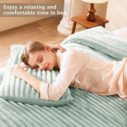 CozyLux Fluffy Queen Comforter Set - Super Soft Faux Fur Sage Green Comforter Queen Size, Winter Warm Fleece Bedding Set, 3 Pieces Plush Fuzzy Bed Set (1 Shaggy Comforter, 2 Pillowcases)