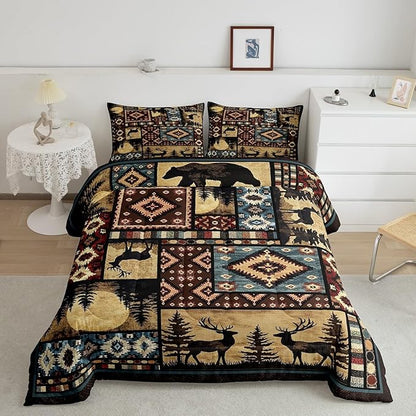 Erosebridal Rustic Bear Comforter Set Toddler,Buffalo Plaid Grid Checkered Bedding 2Pcs,Hunting Deer Farmhouse Cabin Decor Quilt,Retro Southwest Aztec Bed Set,Tribal Duvet Insert,Brown Red