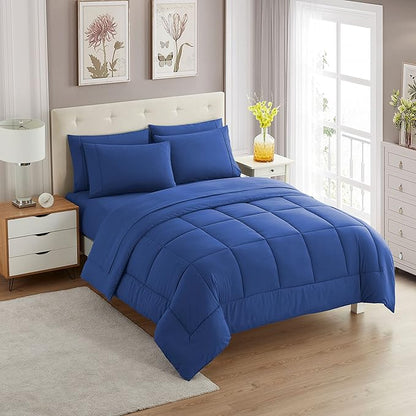 Sweet Home Collection 7 Piece Comforter Set Bag Solid Color All Season Soft Down Alternative Blanket & Luxurious Microfiber Bed Sheets, Royal Blue, King