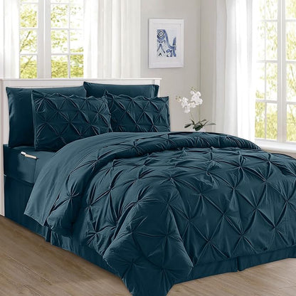 Elegant Comfort 8-Piece Pinch Pleated Comforter Set - All Season Complete Bed in a Bag, Includes 4pc Smart Sheet Set, Bed Skirt, Comforter, Matching Pillowcases and Shams, King/Cal King, Sapphire Blue