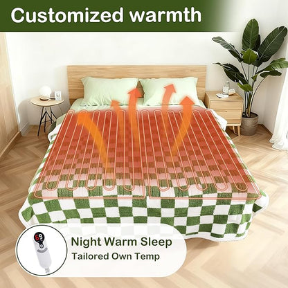 Electric Heated Blanket Full Size 72"×84" with 9 Heating Levels & 1-10Hs Auto Off, Checkered Plaid Double Sided Sherpa, Energy Efficient, Machine Washable, for Couch & Bed, Light Green