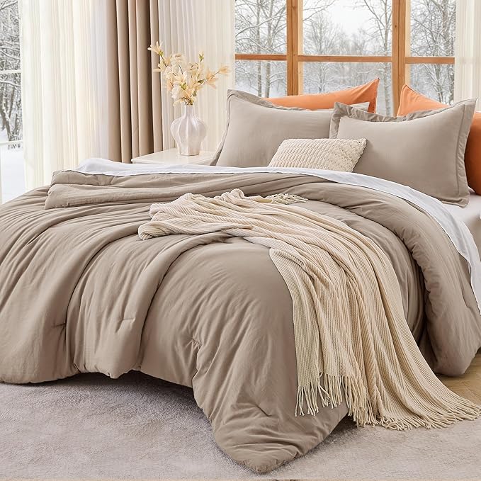 MUXHOMO Full Comforter Sets, All Season Ultra Soft Down Alternative Bedding - 3 Piece Lightweight Bed Set Includes 1 Comforter (82"x86") and 2 Pillow Shams (20"x26"), Dark Linen
