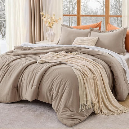 MUXHOMO Full Comforter Sets, All Season Ultra Soft Down Alternative Bedding - 3 Piece Lightweight Bed Set Includes 1 Comforter (82"x86") and 2 Pillow Shams (20"x26"), Dark Linen