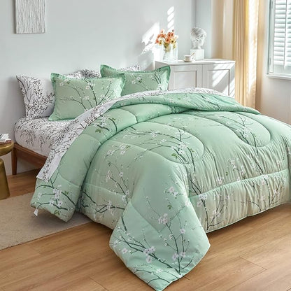 Green Comforter Sheet Set Bed in a Bag 6 Pieces Twin Size Tree Branch Bloom Flower Microfiber Reversible Bedding Set (1 Comforter 2 Pillow Shams 1 Flat Sheet 1 White Fitted Sheet 1 Pillowcases)