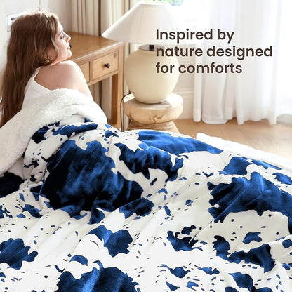 Cow Print Heated Electric Blanket King Size-Dual Control Heating Blanket King Size with 10 Heat Levels & 10 Hours Auto-Off, Cozy Soft Fleece Sherpa, Washable, 90x100 Inche Cow Print Blue